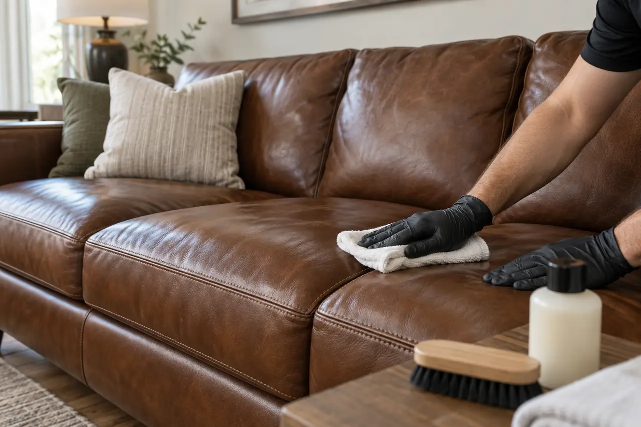 Professional cleaning and conditioning of a brown leather sofa