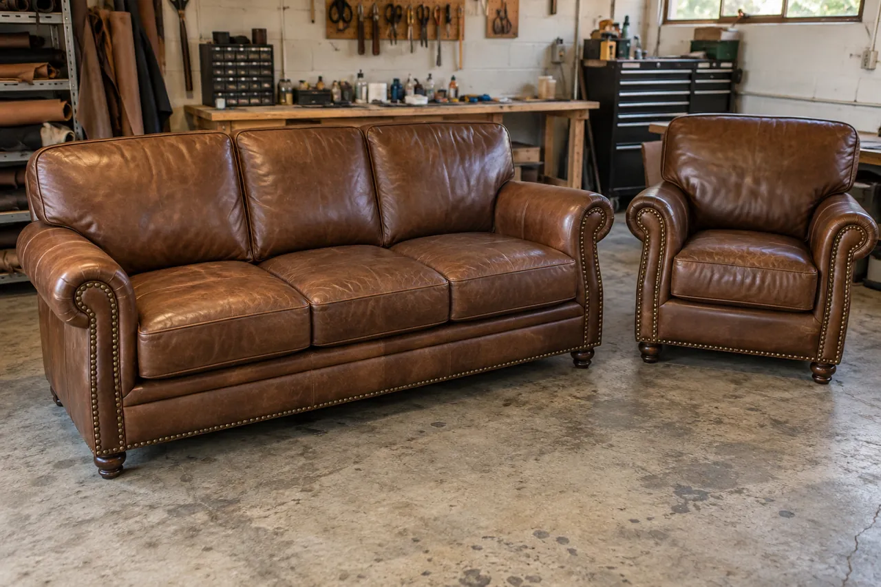 Restored leather sofa and armchair