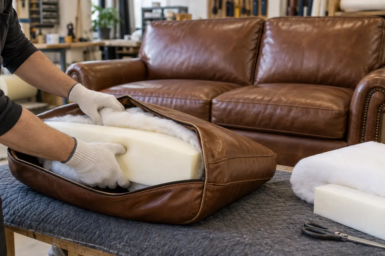 Leather sofa cushion being restuffed with new foam and batting